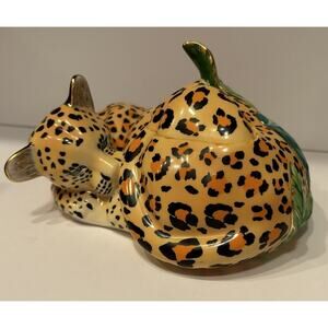 Lynn Chase Jaguar Jungle Covered Jar Dish With lid excellent 7” X 5” X 4.5”